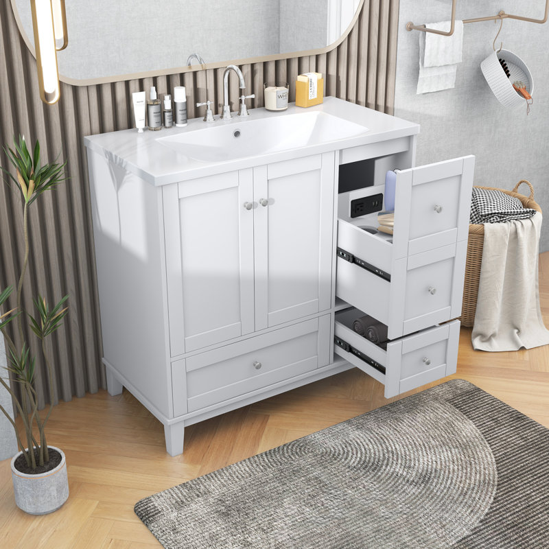 Meuble-lavabo simple autoportant 36 po avec plateau en résine Chrishad, meuble-lavabo avec charge USB, 2 portes et 3 tiroirs