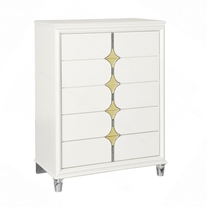 Commode à tiroirs, commode à accents dorés de luxe, pieds avant en acrylique, tiroirs spacieux et base en acier inoxydable épurée