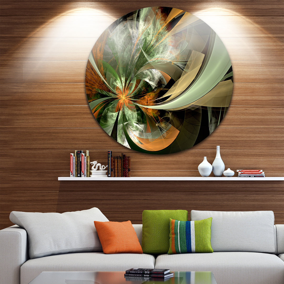 Symmetrical Orange Green Fractal Flower Round Metal wall Print Design Art 