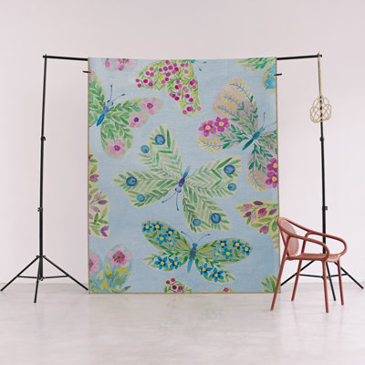 Blue-Green Themed Butterfly Patterned Modern Decorative Rug