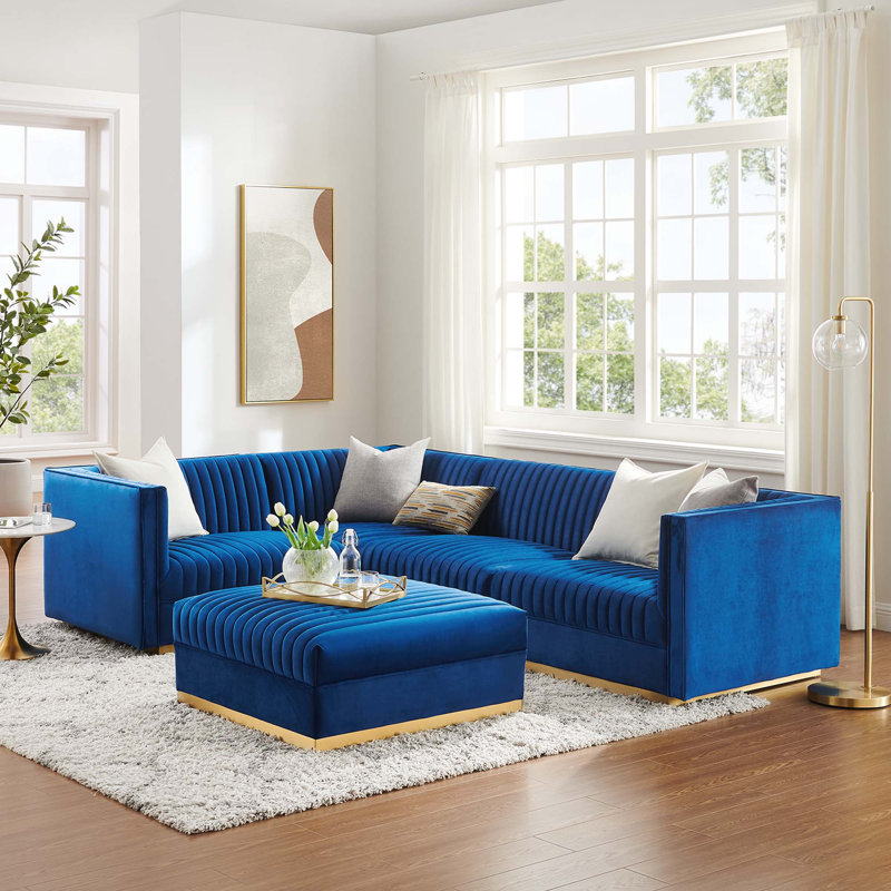 Canapé modulaire 4 pièces Sanguine Channel, Face à la gauche, Bleu marine 100% lin