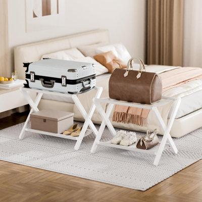 Porte-bagage blanc, ensemble de 2, porte-valise pliable avec tablette de rangement, porte-bagage en bambou avec 5 sangles en nylon pour chambre d'hôtel