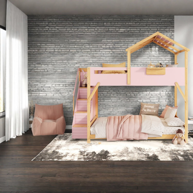 Lit de cabane à DEL avec rangement, lit double en MDF moderne pour enfants, Pink