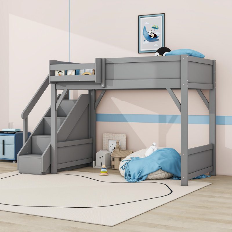 Wood Loft Bed with Built-in Wardrobe and Staircase, Gray, Twin