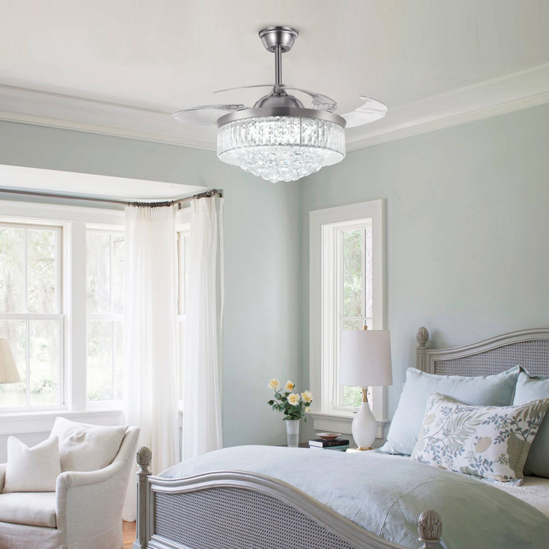 Chandelier Crystal Ceiling Fan With Light Retractable Blades Remote - 42"