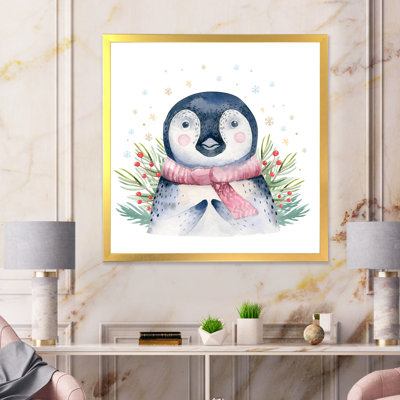 Portrait d'un bébé pingouin avec une écharpe rose - reproduction d'art sur toile pour enfants