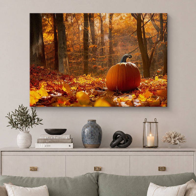 «Autumn Fall», citrouille de l'Action de grâce dans la forêt orange, paysage naturel, impression sur toile encadrée