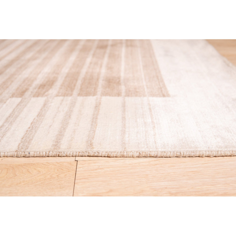 Ivory Hand-Knotted Wool Viscose Framed Horizon Stripe Geometric Modern Contemporary Carpet Rug, 5' x 8'