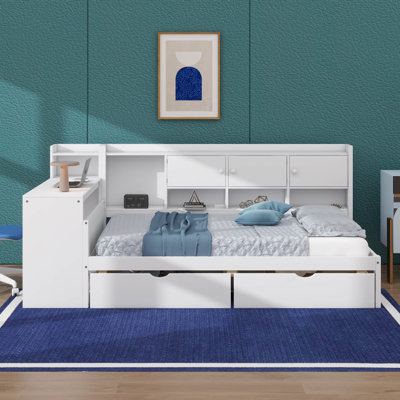 Lit de jour en bois en L avec sept armoires de rangement et deux tiroirs, lit polyvalent avec bureau d'étude attaché