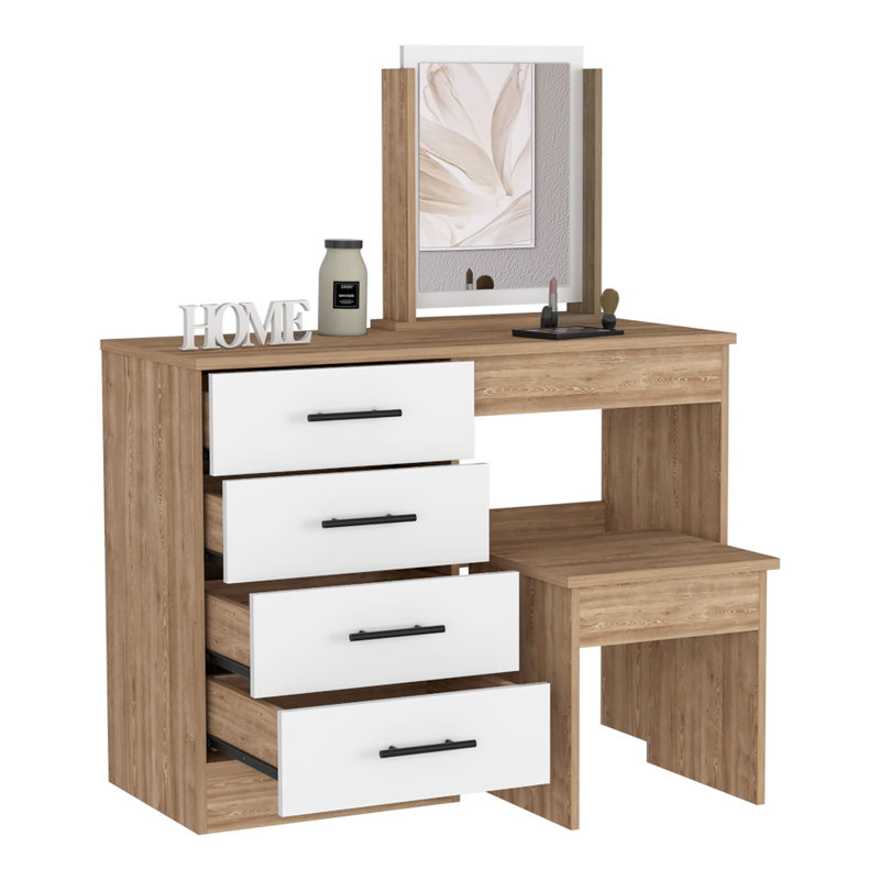 Coiffeuse Kaia avec miroir et 4 tiroirs, tabouret inclus, Pin / blanc