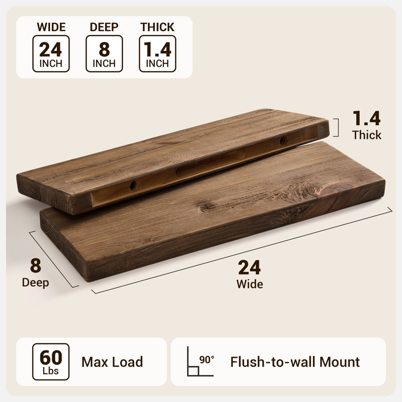 Tablette flottante murale en bois de pin récupéré rustique 2 pièces, 1.4“ H x 24” W x 8" D, Marron foncé