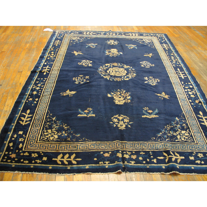 Antique Rectangle 1900s Blue Wool Hand Knotted Pile Rug