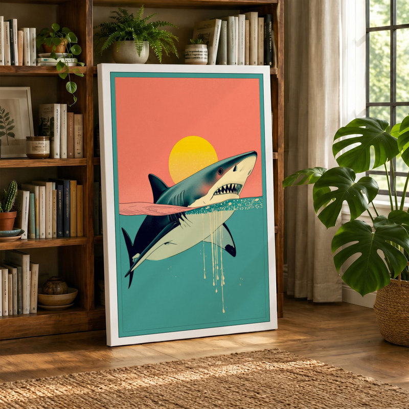 Shark at Sunrise Art Deco - Wrapped Canvas, 18x12 - 45.7 x 30.5 cm, Sage Border