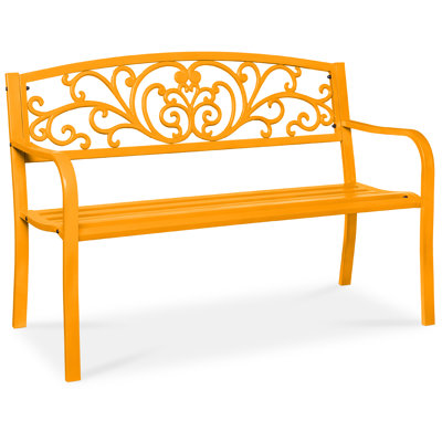 Outdoor Steel Bench Garden Patio Porch Furniture W/ Floral Design Backrest