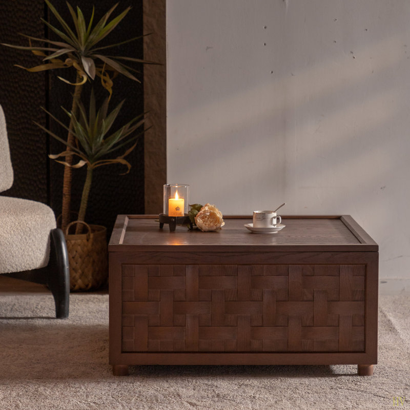 Table basse Farmhouse avec rangement, grande table basse carrée pour le salon,