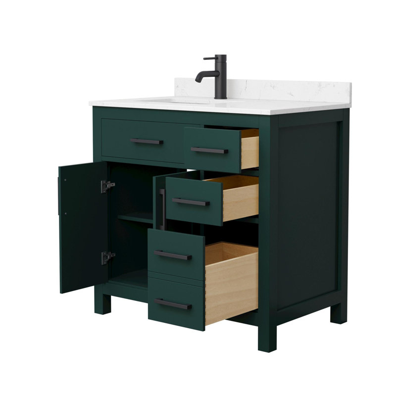 Beckett 36" Freestanding Single Bathroom Vanity with Cultured Marble Top, Green, Matte Black, Carrara Cultured Marble
