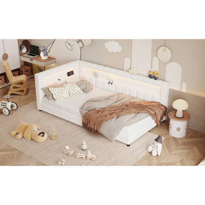 Lit plateforme tapissier simple avec ports USB et ceinture à DEL, blanc crème