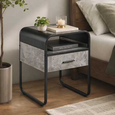 Table de bout en métal avec un tiroir, gris béton et noir