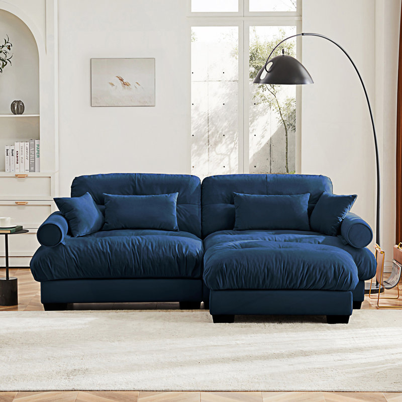 Canapé surdimensionné à deux places avec repose-pieds Boneless, Velours bleu