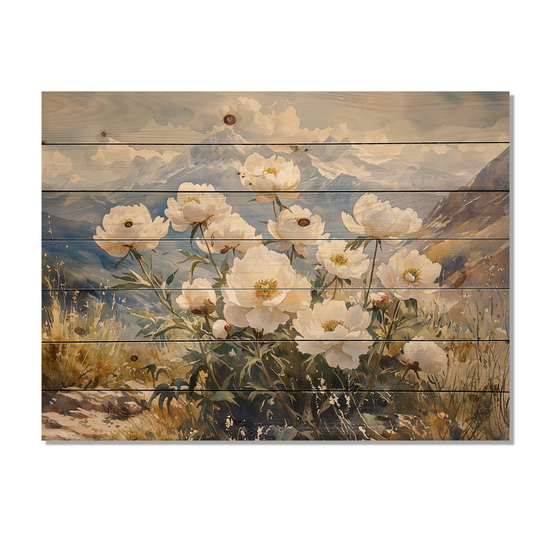 Pivoines dans le plateau balayé par le vent I - Décoration murale en bois de pivoines - sur bois de pin naturel