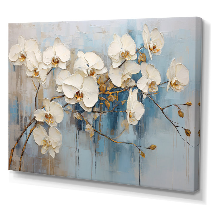 Élégance florale beige et or sur toile, Toile tendue, H 16 po x l 32 po