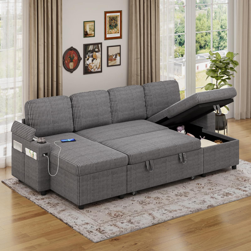 Corner Sofa Bed, U-shaped Sleeper Sectional Couch Bed, 3-in-1 Convertible Pull Out Sofa Bed With Adjustable Backrest, Storage, Usb And Cup Holder For Living Room