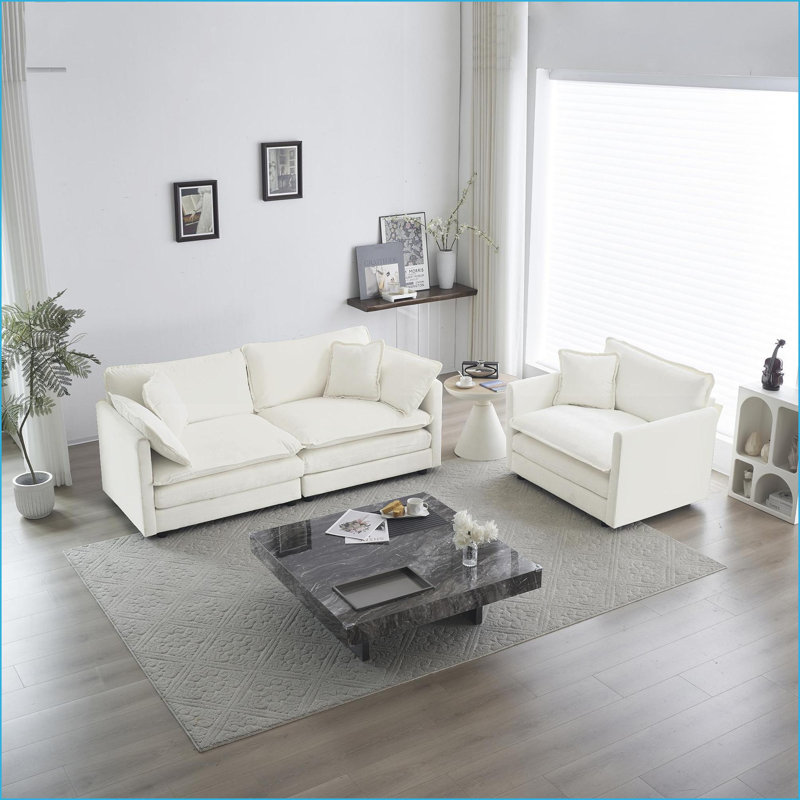 Canapés-lits, causeuse 2 pièces & amp; Ensemble de chaises, structure en bois massif | Mid-Century moderne | Chenille blanche neige