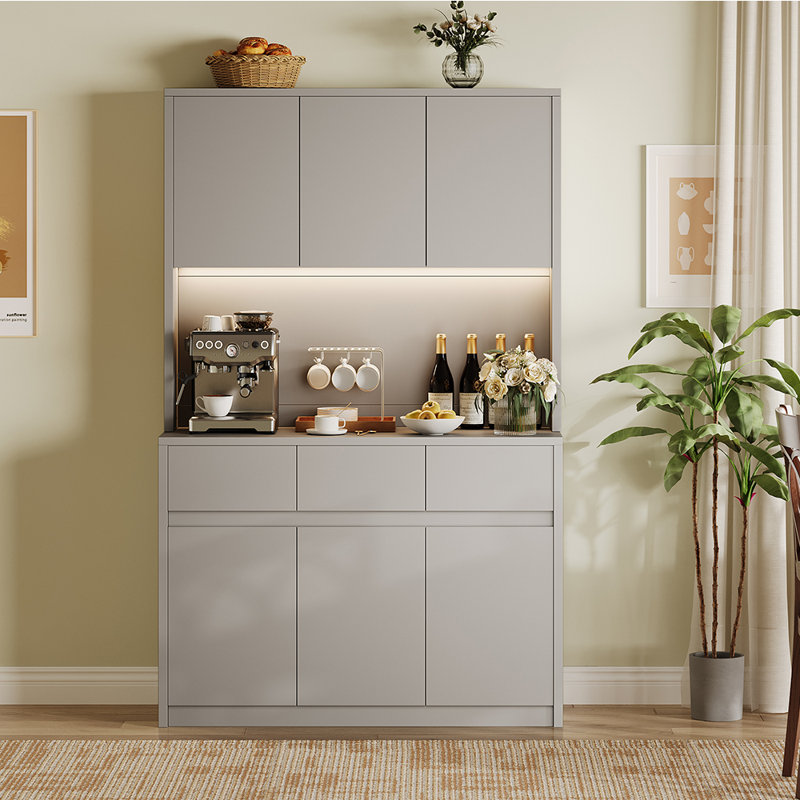 Garde-manger de 71 po de hauteur avec tablettes réglables, 3 tiroirs, huche de rangement de coin café, Gris