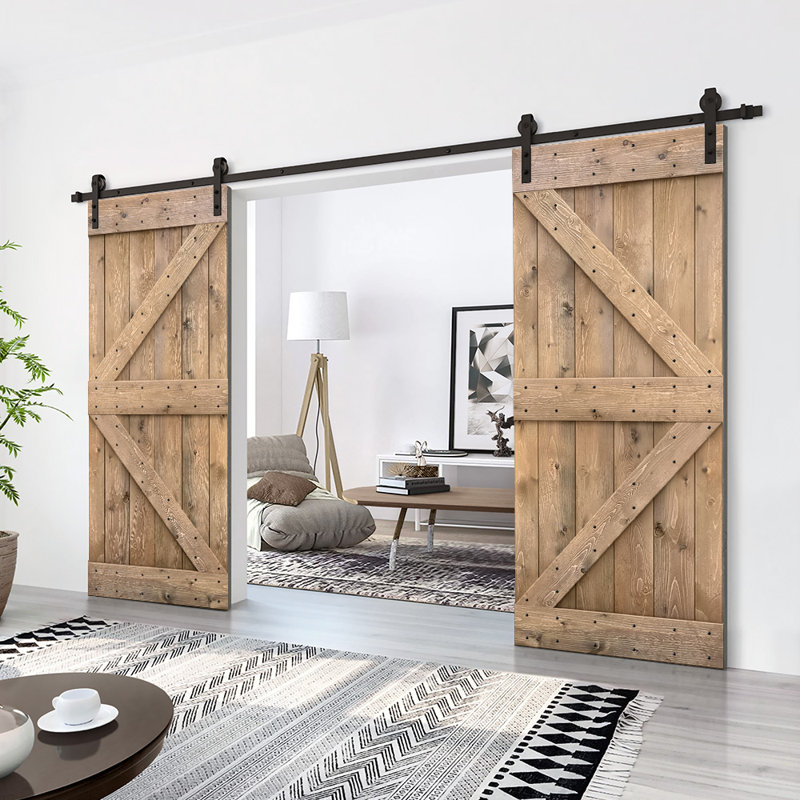 Porte de grange double à panneaux en bois teinté K Series avec ensemble de quincaillerie coulissante, 52 po x 84 po
