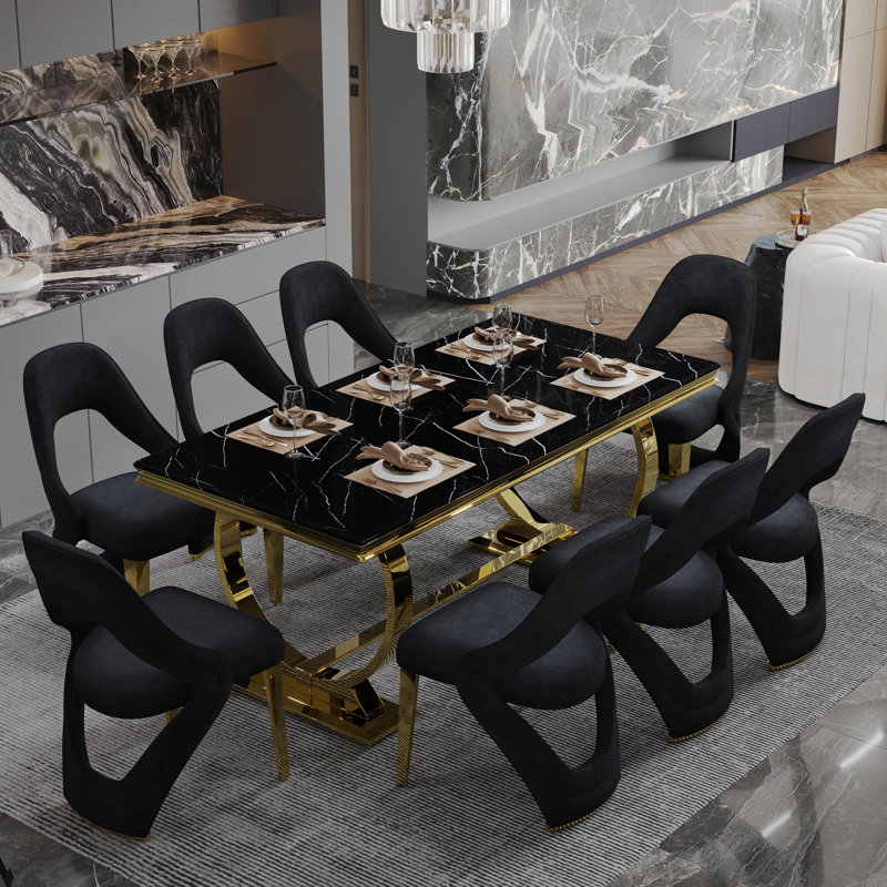 Luxury Modern Black Velvet Dining Room Chairs With Polished Gold Stainless Steel Legs Set Of 6