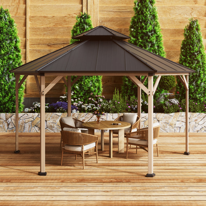 15Ft Hexagon Fir Wood Gazebo With Solar LED Light