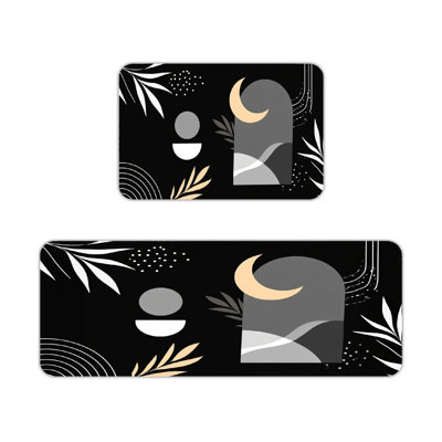 2 Piece Black Boho Geometric Moon Leaf Kitchen Floor Mats, Kitchen Side Workstation