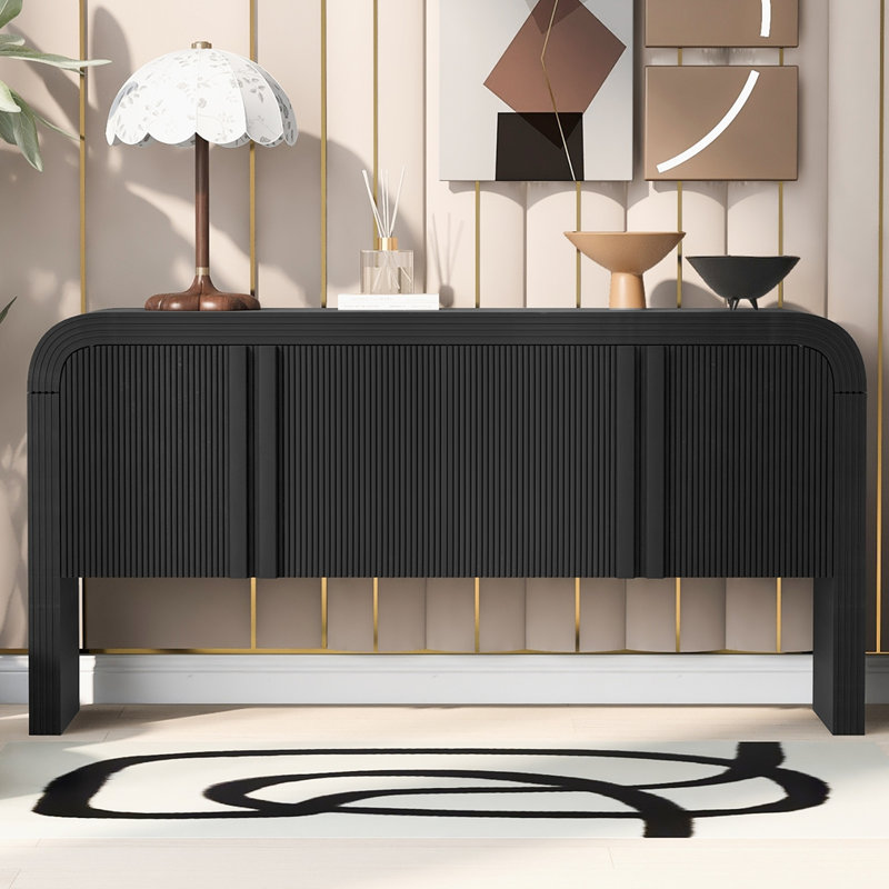 Console avec 4 portes ondulées et tablettes réglables, Noir