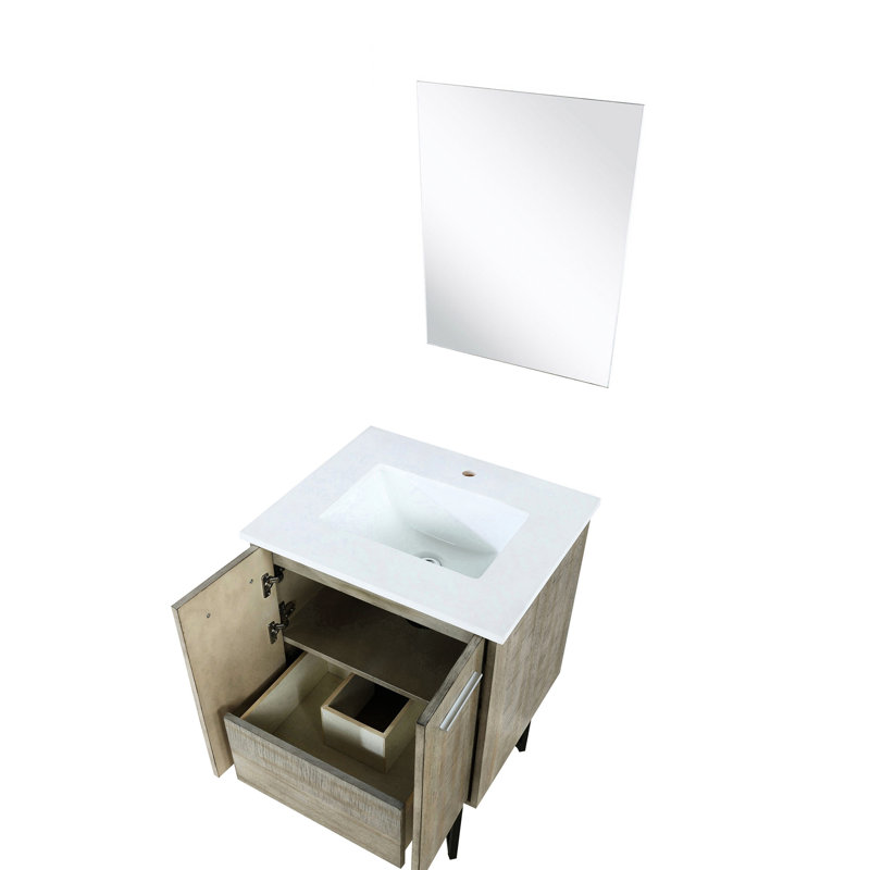24 po L x P 20 po, meuble-lavabo de salle de bain rustique avec surface en quartz blanc, 18 miroirs carrés pivotants, tiroirs à fermeture en douceur et espace pour le comptoir de la salle de bain, tablette ouverte à charnières horizontales