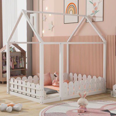 Full Size Wood Bed House Bed Frame with Fence,for Kids,Teens,Girls,Boys