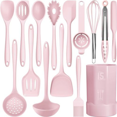 Ensemble d'ustensiles de cuisine en silicone résistant à la chaleur jusqu'à 230 °C (446 °F) : spatule, pince, cuillère, fouet. Compatible avec le lave-vaisselle, sans BPA. (Rose)