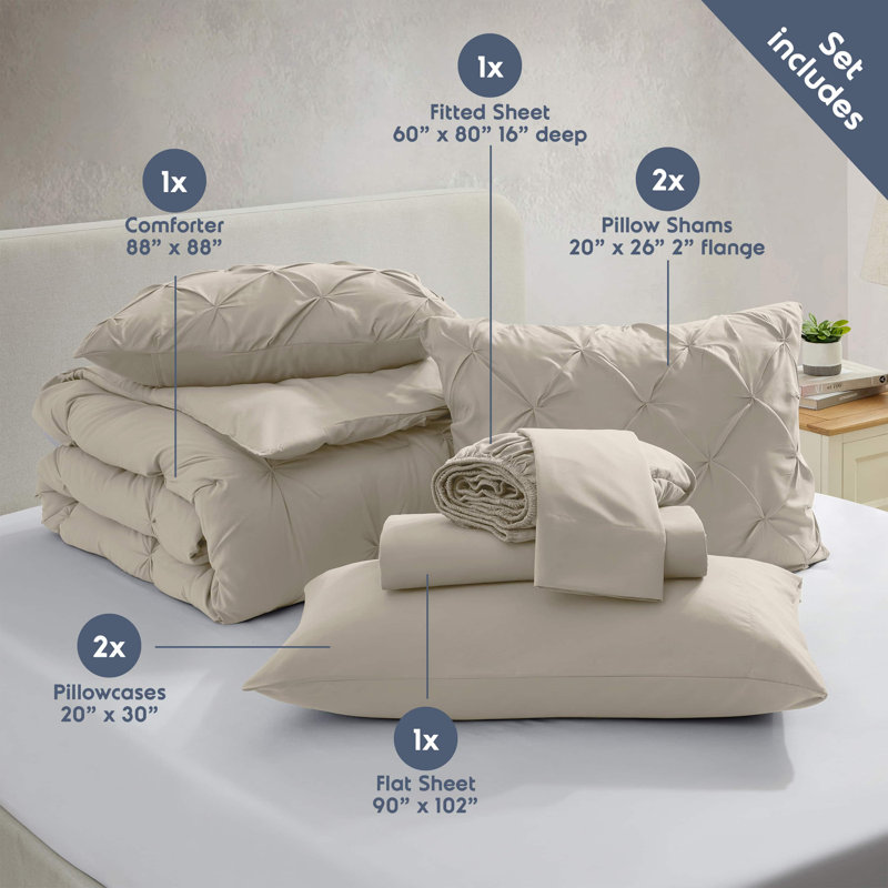 Ensemble d'édredon plissé avec draps Bed-in-a-Bag, Édredon de grande taille et 6 pièces supplément, Beige