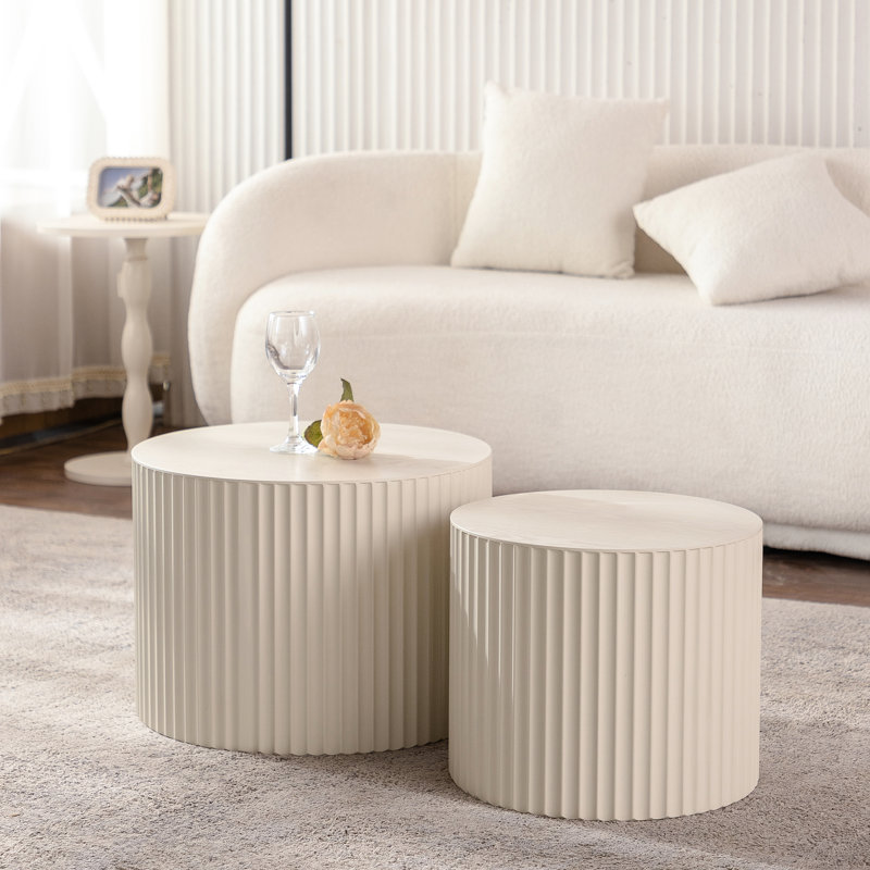 Beige Nesting Coffee Table - Office End Wave Stripe Round Multipurpose & Work- Modern Tables 2 Drum Side For Living Room Space Saving Chic