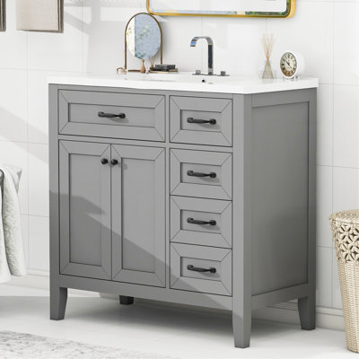 Meuble-lavabo 36 po avec lavabo, armoire de salle de bain grise avec tiroirs, structure solide et panneau de fibres à densité moyenne