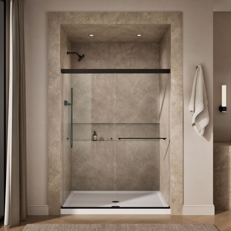 Revel 59.63'' x 76'' Double Sliding Shower Door with CleanCoat Technology, Crystal Clear, Anodized Dark Bronze