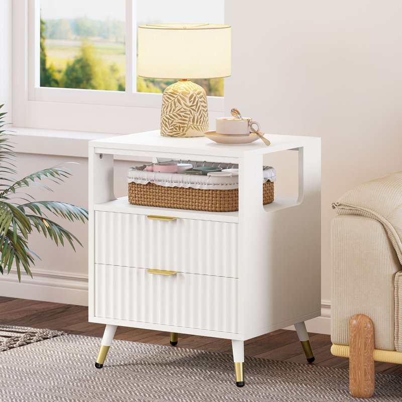 Mid-Century Modern 2-Drawer Nightstand , Fluted Bedside Table with Open Shelf, Storage End Table For Bedroom, Living Room, and Sofa