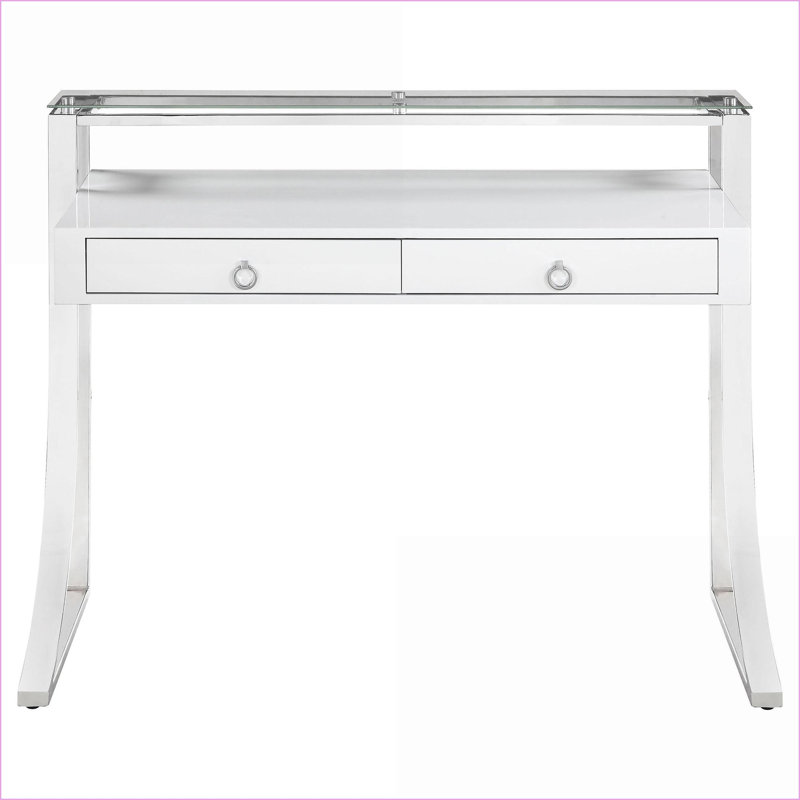 Bureaux, bureau d'écriture moderne à 2 tiroirs avec huche en verre, l 48 po x P 23,5 po x H 36 po | Blanc brillant | Bois aggloméré + métal