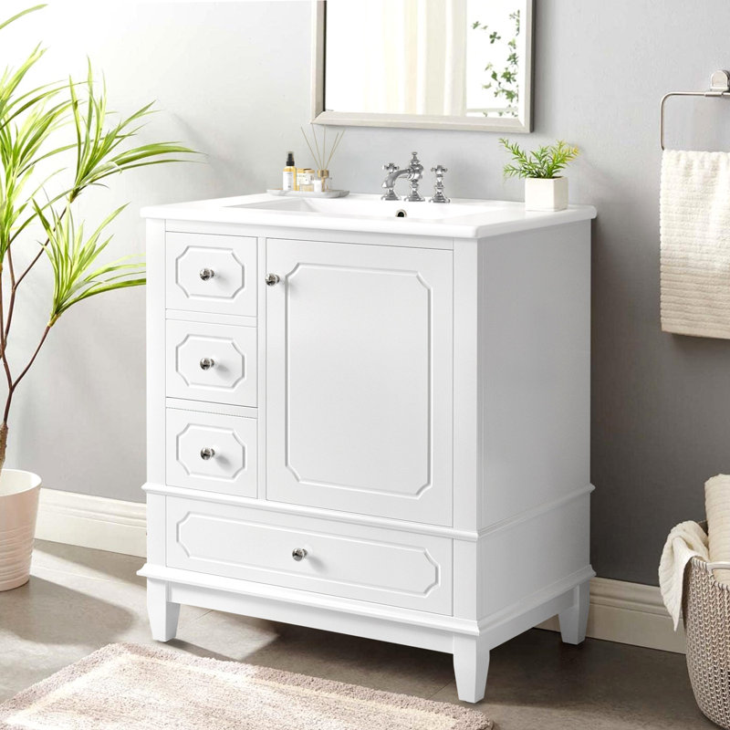 Meuble-lavabo moderne 30 po avec lavabo en céramique, Argent argent, Blanc