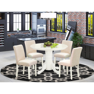 Ensemble de salle à manger 5 pièces pour 4 personnes comprenant une table de cuisine ronde avec pied central et 4 chaises de salle à manger Parson en lin beige clair, 107 x 107 cm, blanc lin