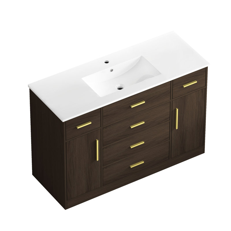 Meuble-lavabo brun foncé de 48 po avec armoire de rangement à 2 portes à fermeture douce et 6 tiroirs, fait pour la durabilité, la fonctionnalité silencieuse, le look élégant, le maquillage et la fabrication