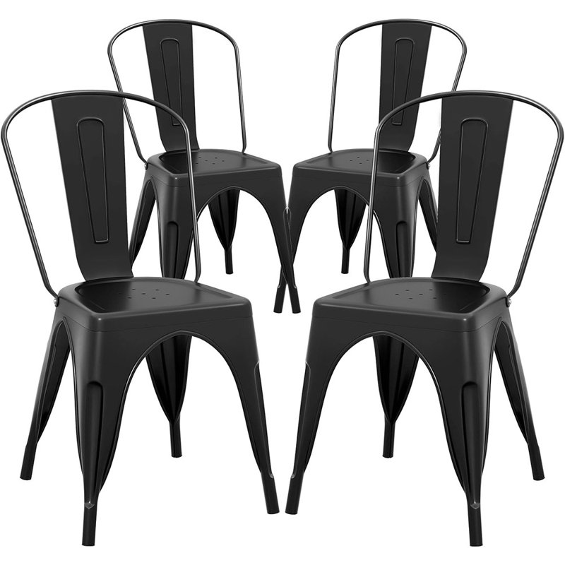 Ensemble de chaises de salle à manger en métal de 4 chaises de cuisine empilables industrielles de 18 pouces avec dossier haut détachable Tolix pour la salle à manger, le café, le restaurant et le bistro (noir)