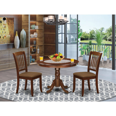3 Piece Dining Room Table Set Contains a Round Kitchen Table with Pedestal and 2 Linen Fabric Upholstered Dining Chairs, Mahogany