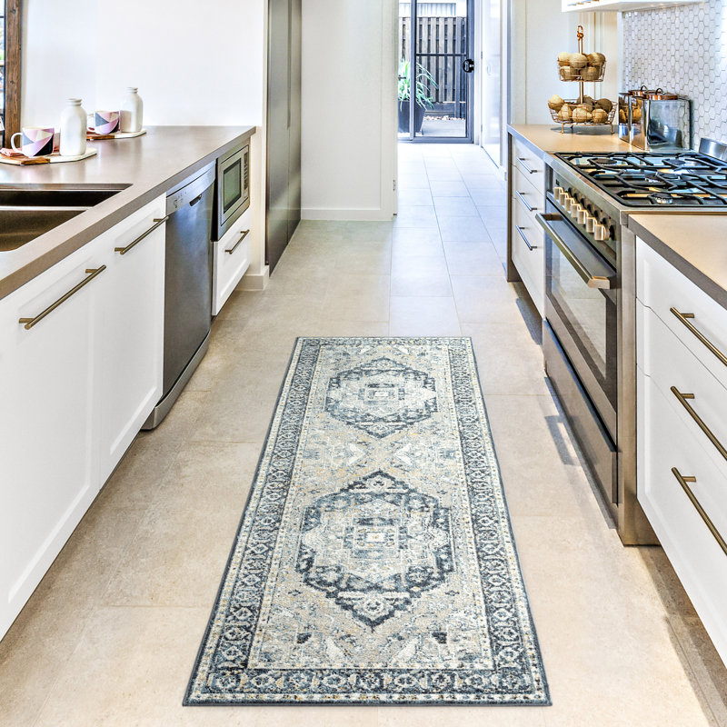 Amaresh Oriental Machine Washable Ivory/Charcoal Area Rug, Runner 2'2" x 7'2"
