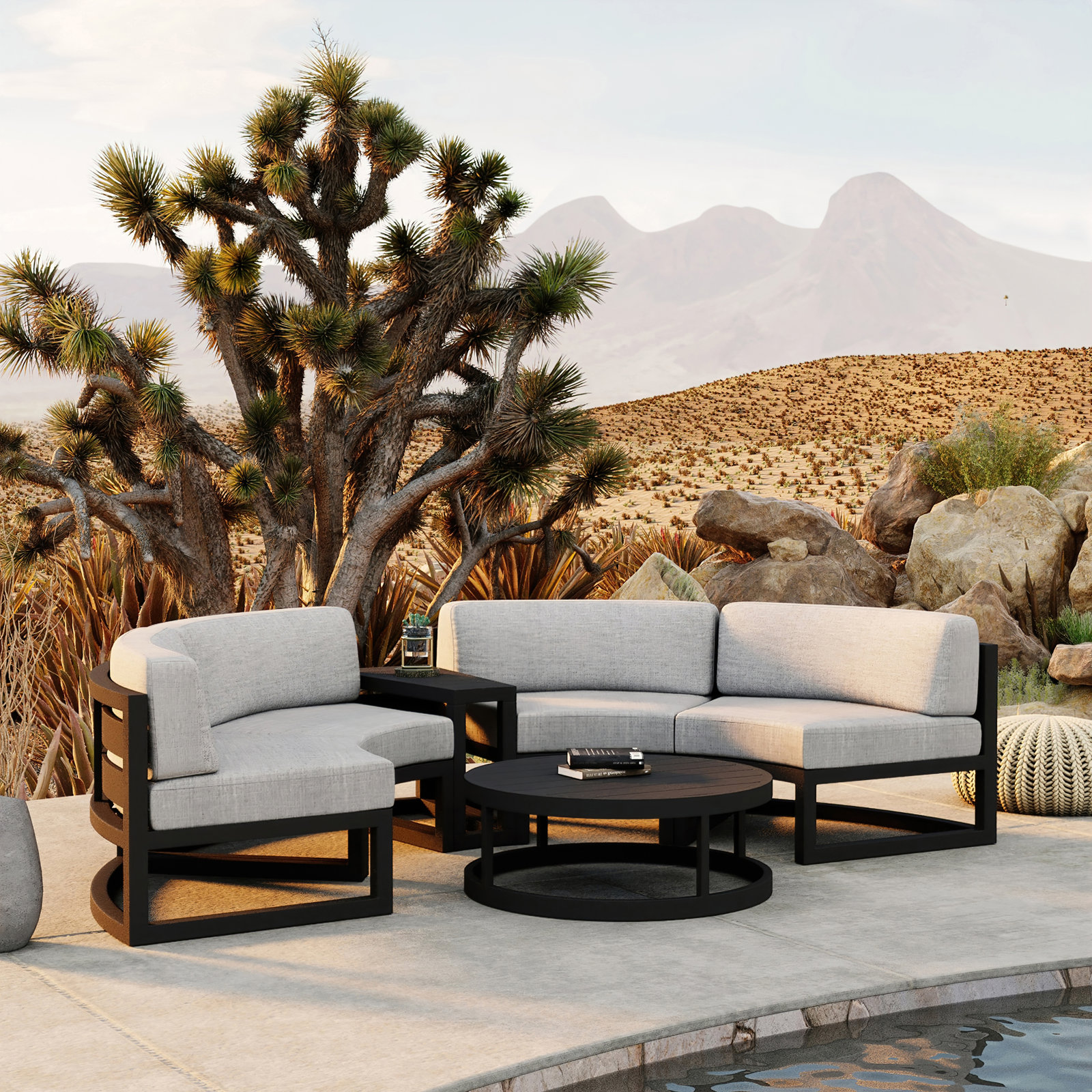 Bergeron 4 - Person Patio Conversation Set with Cushions, Cast Silver Sunbrella®, Black