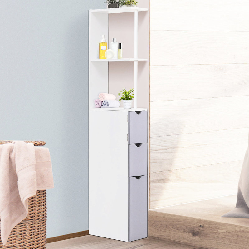 Armoire de salle de bain de 54 po de hauteur - Organiseur de plancher étroit, tablette blanche à 2 niveaux et tiroirs pour unité de rangement de linge avec articles de rangement